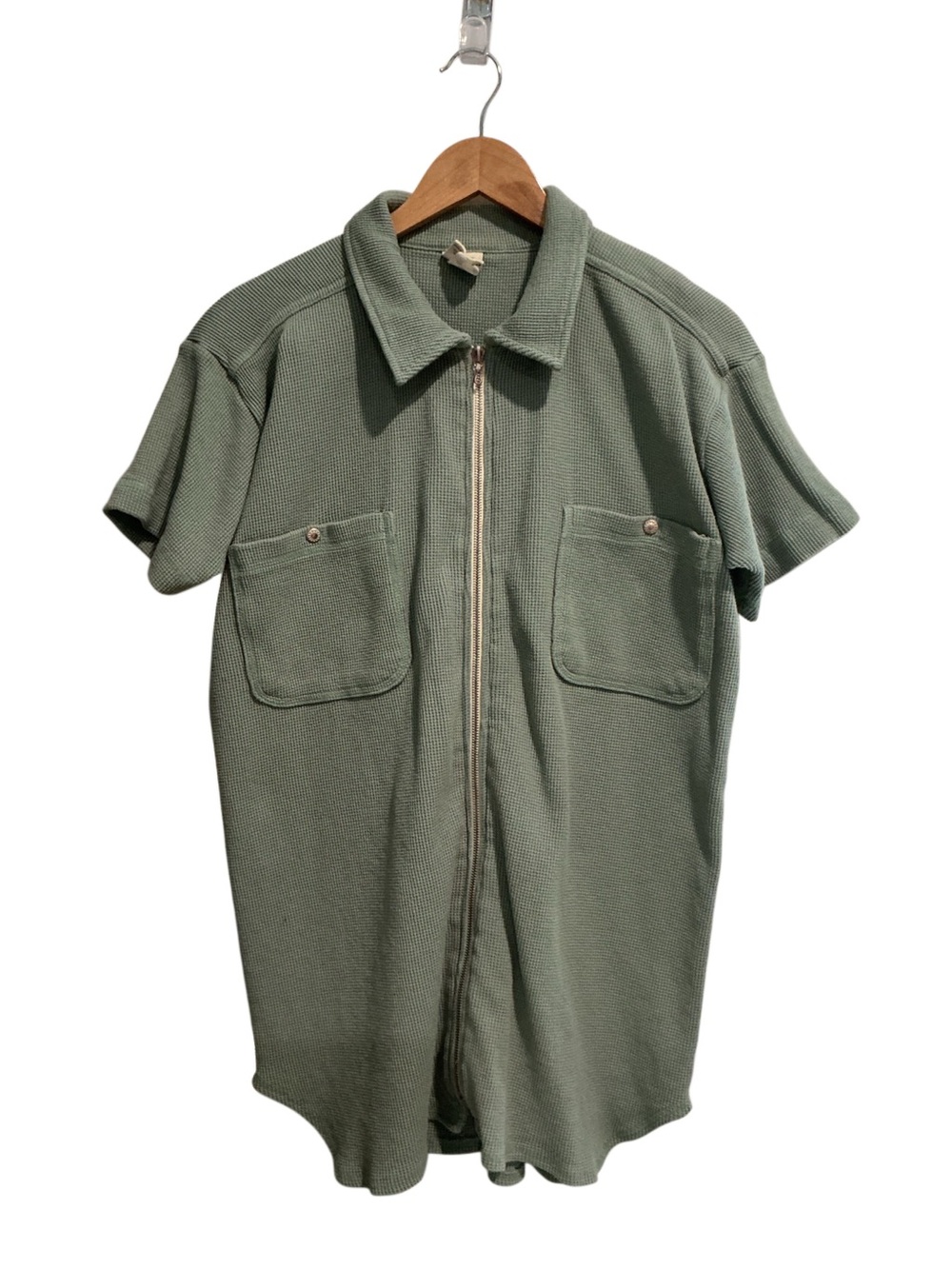 Fitigues Vtg Waffle-Knit Shirt Full Front Zipper Short Sleeve Sage Green